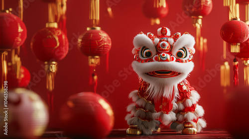 chinese lunar new year with lantern and traditional lion dance background, year of the snake festival celebration background