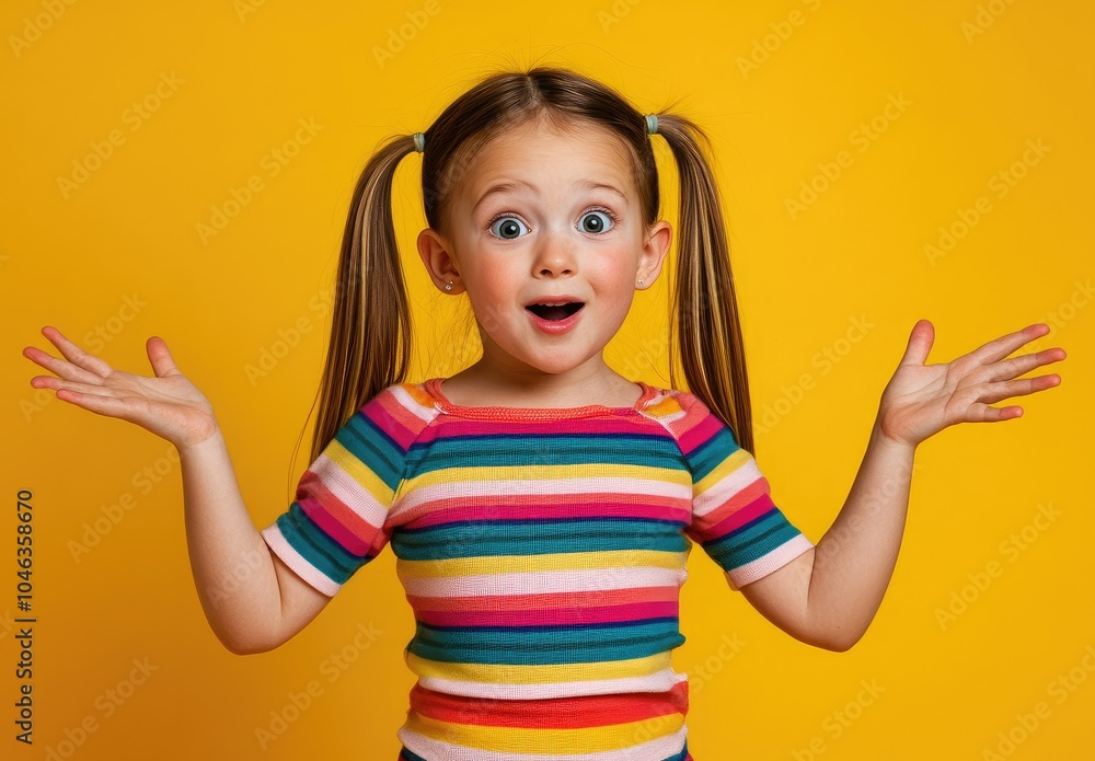 A young girl with pigtails and a striped shirt excitedly holds her hands up in front of an isolated yellow background, showcasing the lively expression on her face. A young girl with pigtails and a striped shirt excitedly holds her hands up in front of an isolated yellow background, showcasing the lively expression on her face.