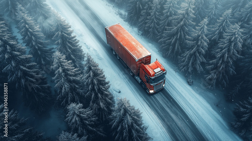 LKW auf verschneiter Straße Luftansicht von oben vereiste Straße im Winter erschwert Transport Logistik Fuhrpark Transport von Waren Generative AI photo