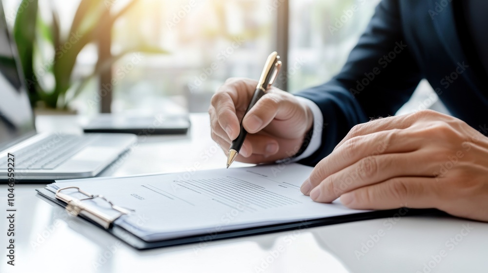 Close-up of a businessman signing a formal document with a pen, symbolizing agreements, contracts. Close-up of a businessman signing a formal document with a pen, symbolizing agreements, contracts.