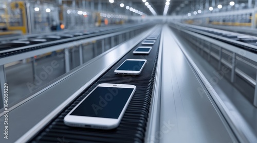 Smartphones moving along a conveyor belt in a high-tech factory, illustrating the mass production process of mobile devices.