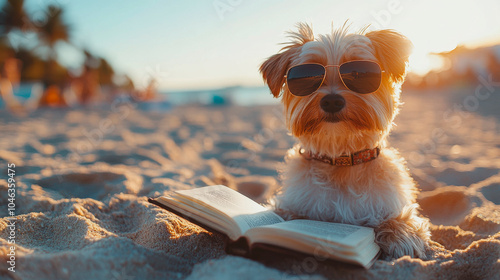 dog reading a book and relaxing