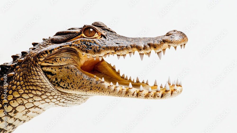 Fototapeta premium Dramatic close-up of a crocodile's open mouth, the texture of its scales and teeth exaggerated, set against a seamless white background