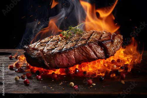 Grill steaks on a grill with flames
