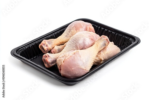 Raw fresh chicken thight or leg on black tray or plastic pack isolated on white background.Food from poultry for cooking or barbecue grill concept.with clipping path. photo