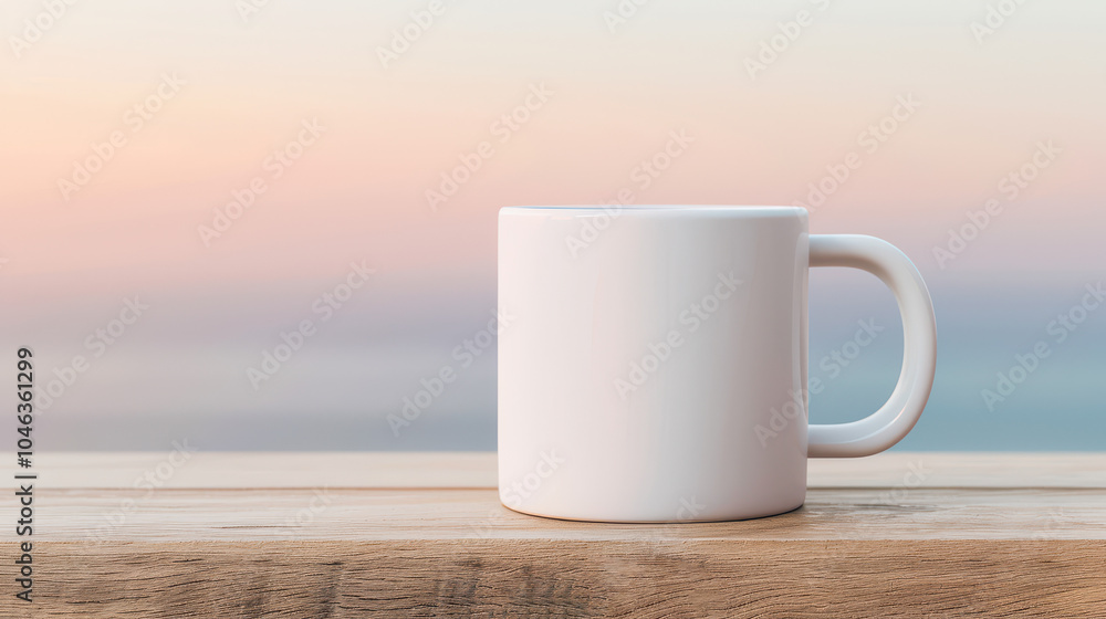 Morning Coffee by the Sea: A simple white mug sits on a wooden table, bathed in the soft glow of a pastel sunrise. Morning Coffee by the Sea: A simple white mug sits on a wooden table, bathed in the soft glow of a pastel sunrise.
