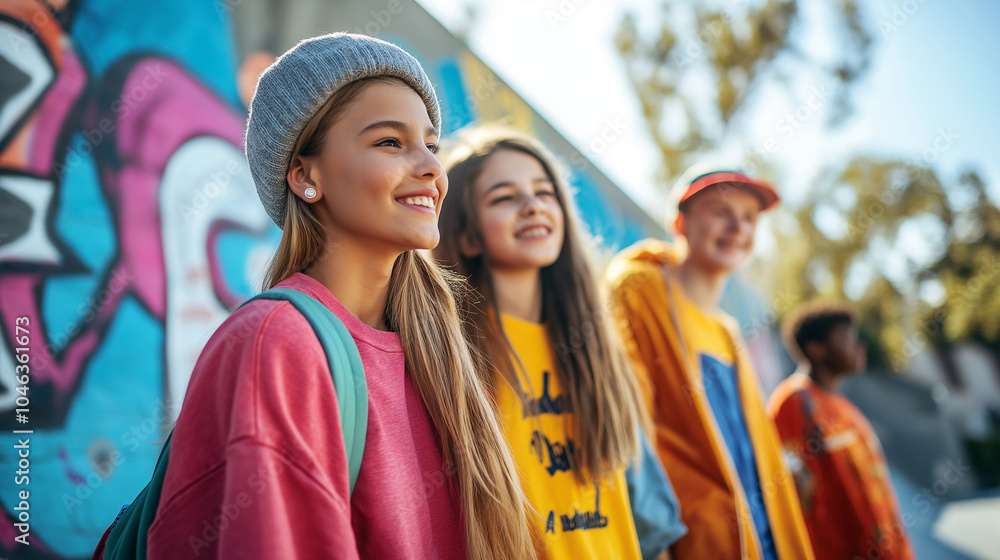A group of teenage friends hang out at a skate park A group of teenage friends hang out at a skate park