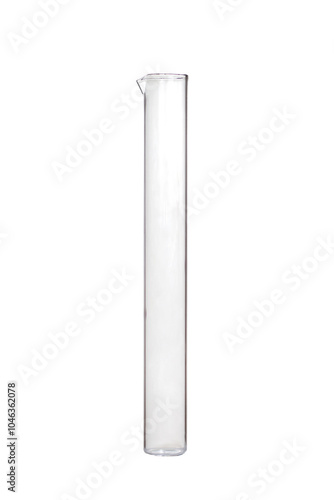 A simple glass test tube on a white background. An empty test tube close-up.