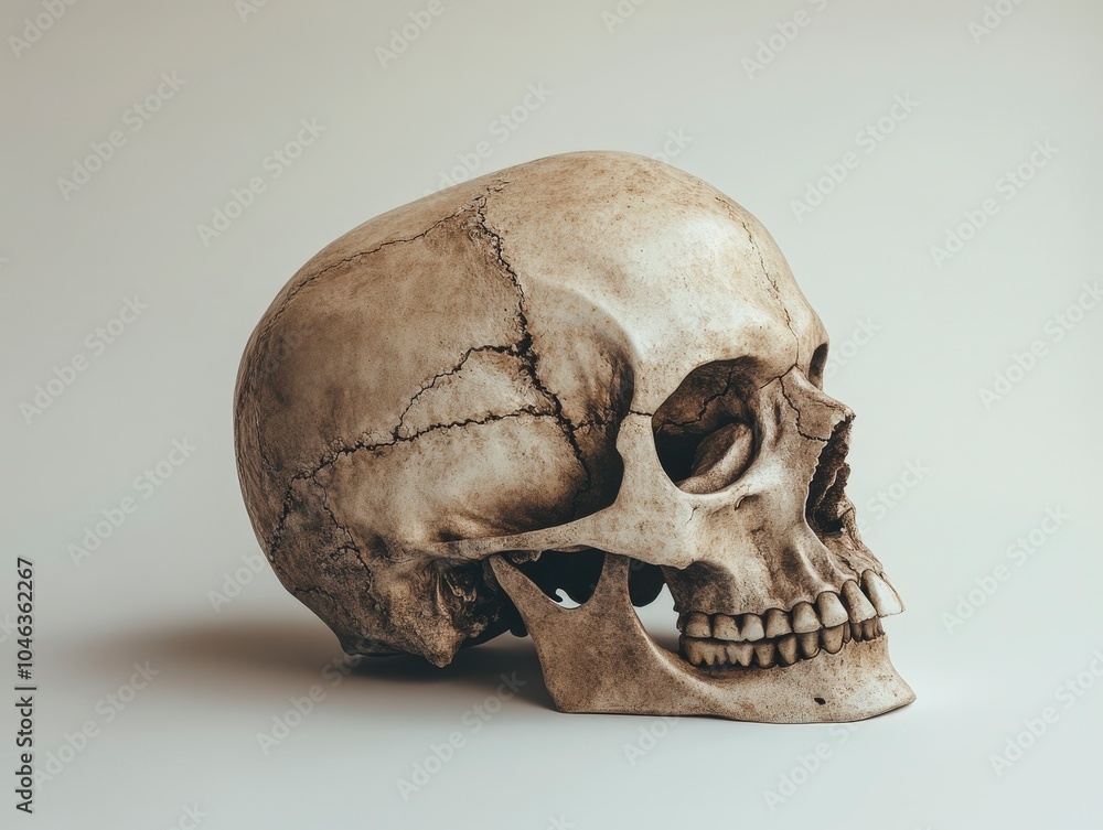 A detailed human skull model showcasing anatomical features and textures. A detailed human skull model showcasing anatomical features and textures.