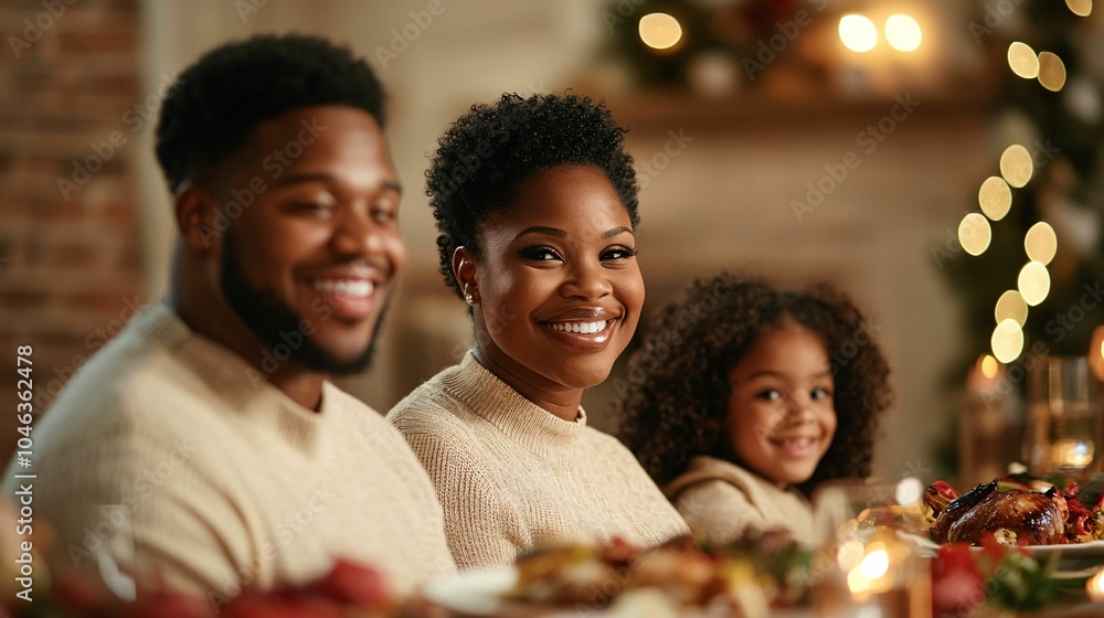 A family enjoys a festive meal together, smiling warmly, with a cozy atmosphere and holiday decorations in the background. A family enjoys a festive meal together, smiling warmly, with a cozy atmosphere and holiday decorations in the background.