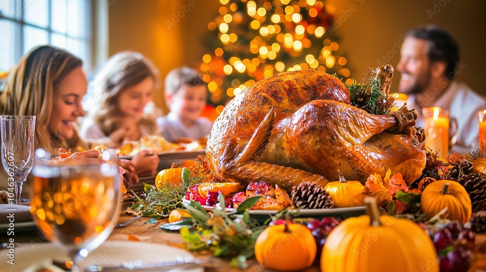 A festive Thanksgiving dinner with a beautifully roasted turkey, surrounded by seasonal decorations and happy family members at a cozy table. A festive Thanksgiving dinner with a beautifully roasted turkey, surrounded by seasonal decorations and happy family members at a cozy table.