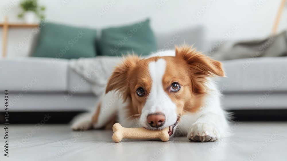 A playful dog enjoys chewing on bone in cozy living room setting, surrounded by soft furnishings and relaxed atmosphere. dogs expression conveys happiness and contentment A playful dog enjoys chewing on bone in cozy living room setting, surrounded by soft furnishings and relaxed atmosphere. dogs expression conveys happiness and contentment