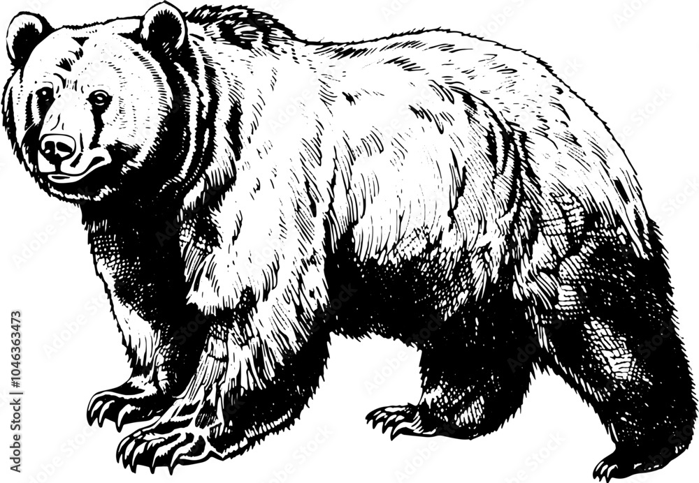 Obraz premium Black and white illustration of a grizzly bear standing.