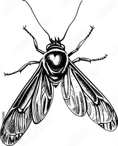 Black and white illustration of a bee from above.