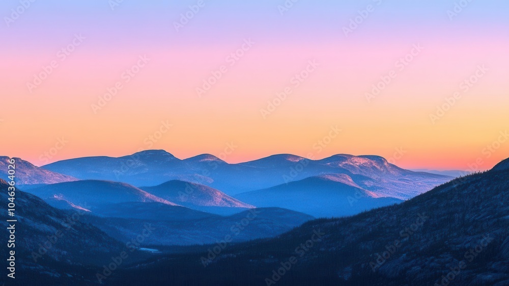 Photography image of a serene sunrise over a mountain range, the peaks glowing pink and orange as the sun rises above the horizon Photography image of a serene sunrise over a mountain range, the peaks glowing pink and orange as the sun rises above the horizon