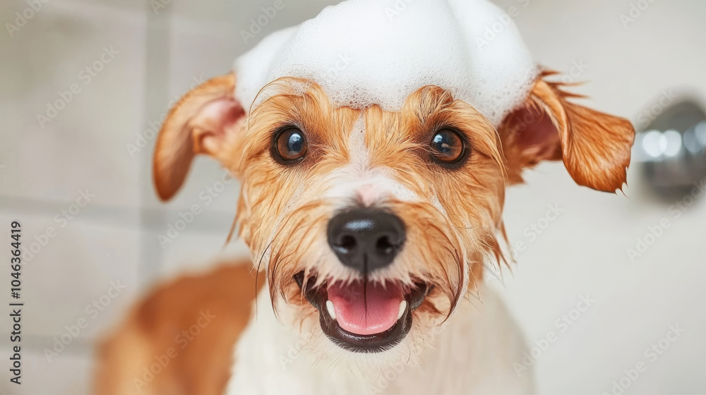 A happy dog with bubbly shampoo on its head enjoys bath time, showcasing its playful and cheerful personality. This adorable scene captures joy of pet grooming A happy dog with bubbly shampoo on its head enjoys bath time, showcasing its playful and cheerful personality. This adorable scene captures joy of pet grooming