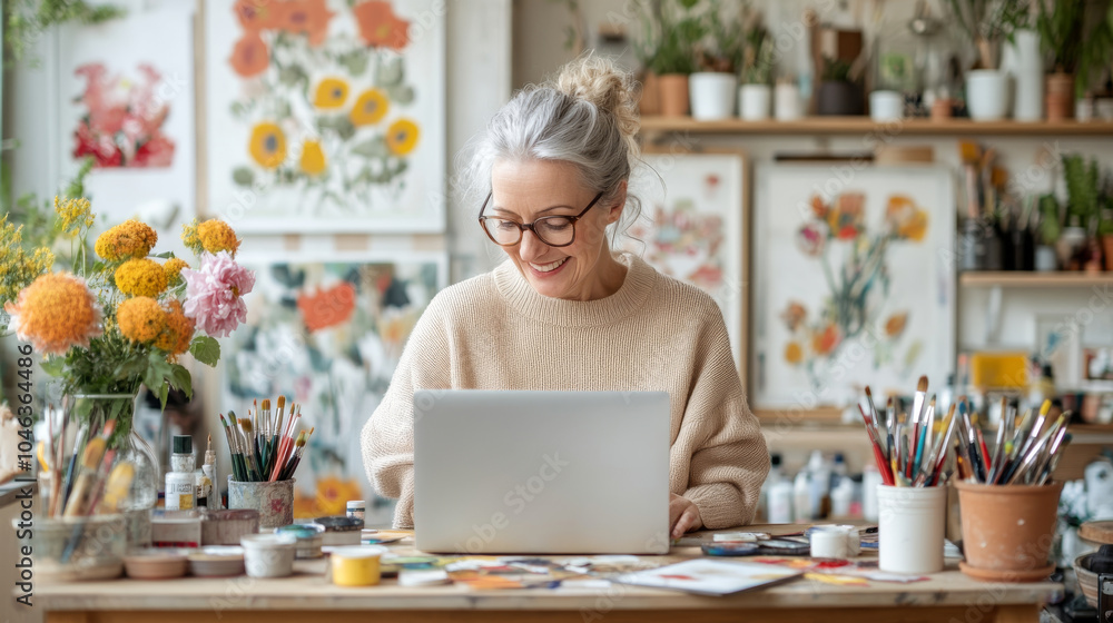 Creative woman working on laptop in bright art studio filled with flowers and paintings. atmosphere is inspiring and joyful, showcasing her artistic passion Creative woman working on laptop in bright art studio filled with flowers and paintings. atmosphere is inspiring and joyful, showcasing her artistic passion