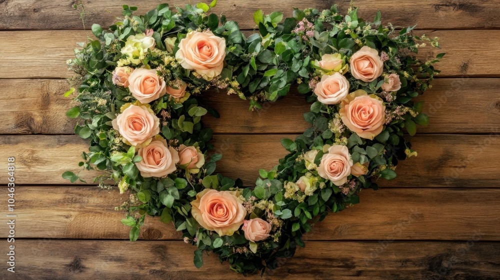 A heartshaped floral arrangement with roses and greenery, set against a rustic wood background A heartshaped floral arrangement with roses and greenery, set against a rustic wood background