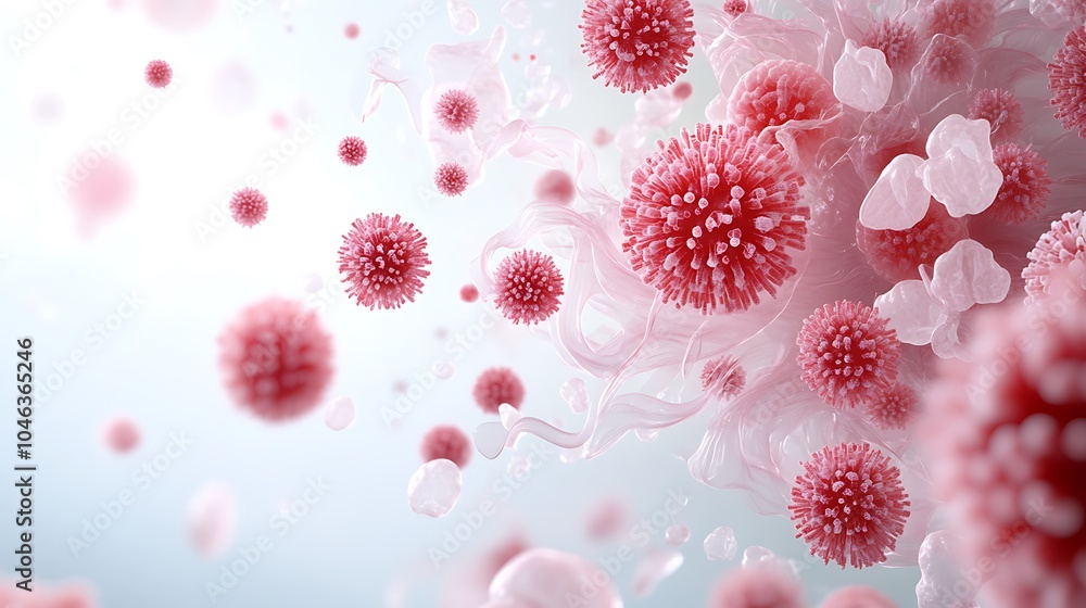Beautiful amoeba-like microbes with flowing, jelly-like bodies gently pulsating with a pinkish hue. They float weightlessly, casting soft shadows on the light background Beautiful amoeba-like microbes with flowing, jelly-like bodies gently pulsating with a pinkish hue. They float weightlessly, casting soft shadows on the light background
