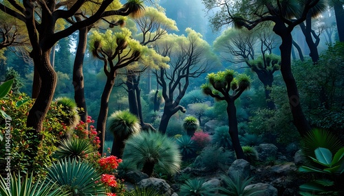 Breathtaking, High Fantasy, Desert Forest, Vibrant Flora, Golden Hour, Studio Lighting, Highly Detailed, Dramatic Depth of Field, Light and Shadow, Meticulously Rendered, Stunning Perfection
