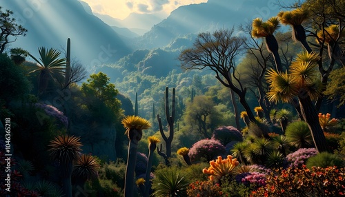 Breathtaking, High Fantasy, Desert Forest, Vibrant Flora, Golden Hour, Studio Lighting, Highly Detailed, Dramatic Depth of Field, Light and Shadow, Meticulously Rendered, Stunning Perfection