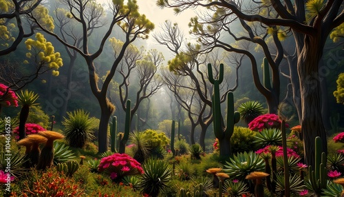Breathtaking, High Fantasy, Desert Forest, Vibrant Flora, Golden Hour, Studio Lighting, Highly Detailed, Dramatic Depth of Field, Light and Shadow, Meticulously Rendered, Stunning Perfection