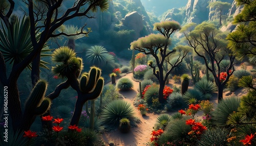 Breathtaking, High Fantasy, Desert Forest, Vibrant Flora, Golden Hour, Studio Lighting, Highly Detailed, Dramatic Depth of Field, Light and Shadow, Meticulously Rendered, Stunning Perfection