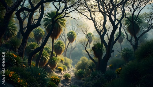 Breathtaking, High Fantasy, Desert Forest, Vibrant Flora, Golden Hour, Studio Lighting, Highly Detailed, Dramatic Depth of Field, Light and Shadow, Meticulously Rendered, Stunning Perfection