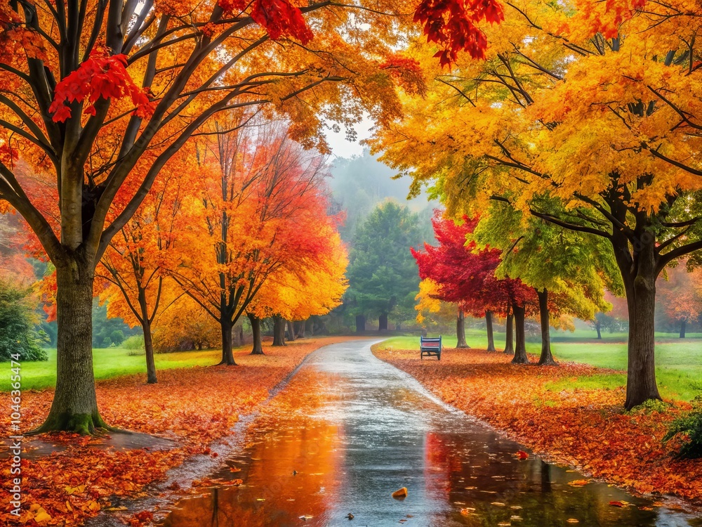 Autumn Rain in the Park - Fall Colors, Wet Leaves, Tranquil Atmosphere, Nature Walk, Scenic Beauty, Colorful Trees, Reflection in Puddles, Cozy Vibes, Outdoor Serenity Autumn Rain in the Park - Fall Colors, Wet Leaves, Tranquil Atmosphere, Nature Walk, Scenic Beauty, Colorful Trees, Reflection in Puddles, Cozy Vibes, Outdoor Serenity