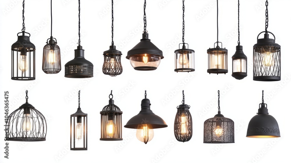 Artistic hanging lights in multiple designs, including industrial, boho, and classic styles, displayed neatly on a white background. Artistic hanging lights in multiple designs, including industrial, boho, and classic styles, displayed neatly on a white background.