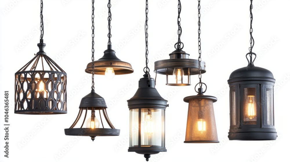 Artistic hanging lights in multiple designs, including industrial, boho, and classic styles, displayed neatly on a white background. Artistic hanging lights in multiple designs, including industrial, boho, and classic styles, displayed neatly on a white background.