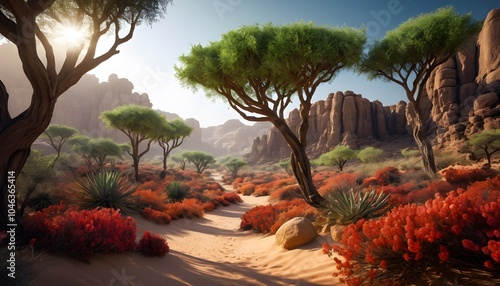 Breathtaking, High Fantasy, Desert Forest, Vibrant Flora, Golden Hour, Studio Lighting, Highly Detailed, Dramatic Depth of Field, Light and Shadow, Meticulously Rendered, Stunning Perfection