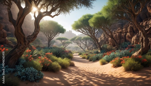 Breathtaking, High Fantasy, Desert Forest, Vibrant Flora, Golden Hour, Studio Lighting, Highly Detailed, Dramatic Depth of Field, Light and Shadow, Meticulously Rendered, Stunning Perfection