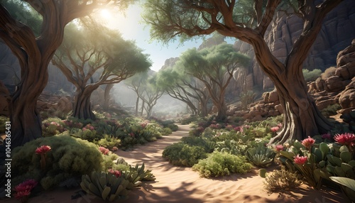 Breathtaking, High Fantasy, Desert Forest, Vibrant Flora, Golden Hour, Studio Lighting, Highly Detailed, Dramatic Depth of Field, Light and Shadow, Meticulously Rendered, Stunning Perfection