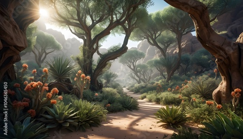 Breathtaking, High Fantasy, Desert Forest, Vibrant Flora, Golden Hour, Studio Lighting, Highly Detailed, Dramatic Depth of Field, Light and Shadow, Meticulously Rendered, Stunning Perfection
