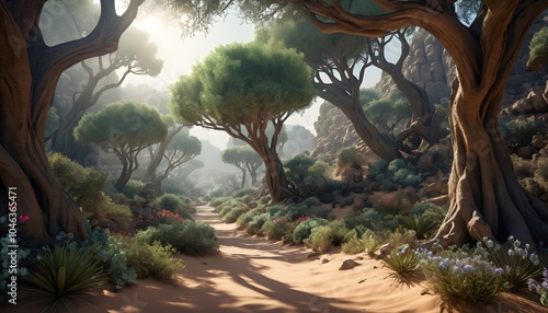 Breathtaking, High Fantasy, Desert Forest, Vibrant Flora, Golden Hour, Studio Lighting, Highly Detailed, Dramatic Depth of Field, Light and Shadow, Meticulously Rendered, Stunning Perfection