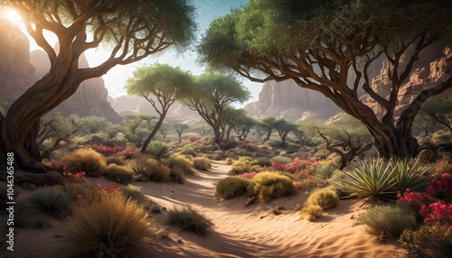 Breathtaking, High Fantasy, Desert Forest, Vibrant Flora, Golden Hour, Studio Lighting, Highly Detailed, Dramatic Depth of Field, Light and Shadow, Meticulously Rendered, Stunning Perfection