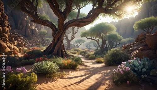 Breathtaking, High Fantasy, Desert Forest, Vibrant Flora, Golden Hour, Studio Lighting, Highly Detailed, Dramatic Depth of Field, Light and Shadow, Meticulously Rendered, Stunning Perfection