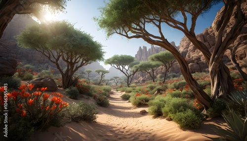 Breathtaking, High Fantasy, Desert Forest, Vibrant Flora, Golden Hour, Studio Lighting, Highly Detailed, Dramatic Depth of Field, Light and Shadow, Meticulously Rendered, Stunning Perfection