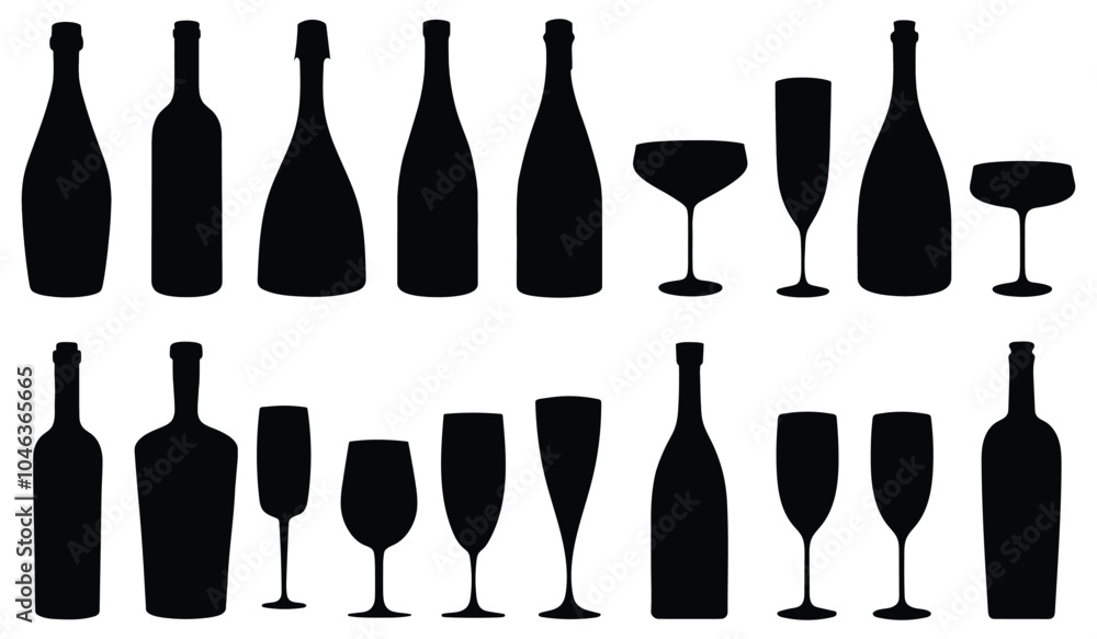 Set of Wine Bottle and Glass Silhouettes. Isolated Vector on White Background. Set of Wine Bottle and Glass Silhouettes. Isolated Vector on White Background.