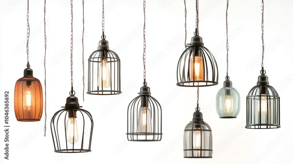 Hanging lights in eclectic designs, from delicate glass pendants to industrial metal cages, arranged on a bright white backdrop. Hanging lights in eclectic designs, from delicate glass pendants to industrial metal cages, arranged on a bright white backdrop.