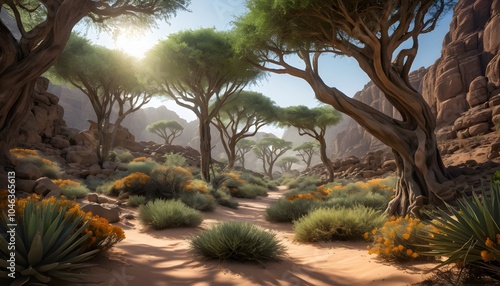Breathtaking, High Fantasy, Desert Forest, Vibrant Flora, Golden Hour, Studio Lighting, Highly Detailed, Dramatic Depth of Field, Light and Shadow, Meticulously Rendered, Stunning Perfection