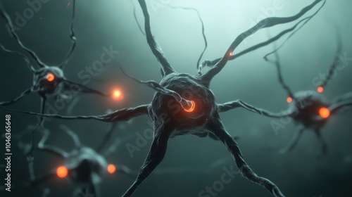 Glowing neurons connected by electric tendrils in abstract space photo