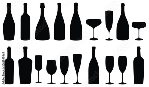 Set of Wine Bottle and Glass Silhouettes. Isolated Vector on White Background.