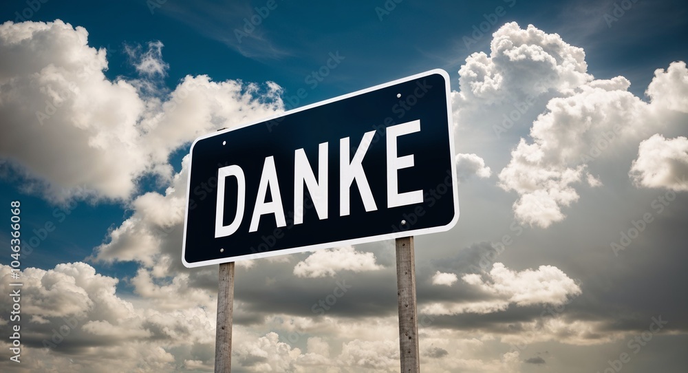 Fototapeta premium danke text on road sign with clouds and sky background
