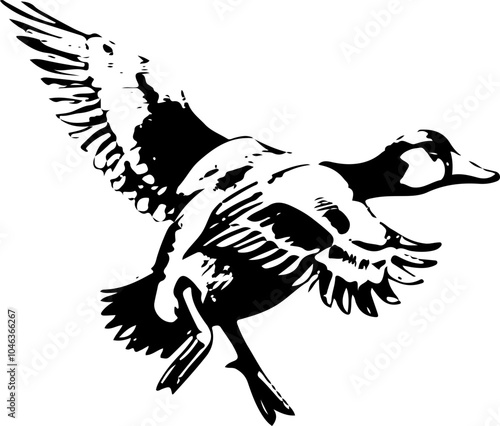 Black and white silhouette of a duck in flight.