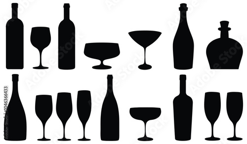 Set of Wine Bottle and Glass Silhouettes. Isolated Vector on White Background.