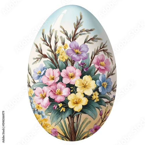 Victorian-Inspired Easter Egg with Spring Flowers and Willow in Pastel Shades Clipart Design photo