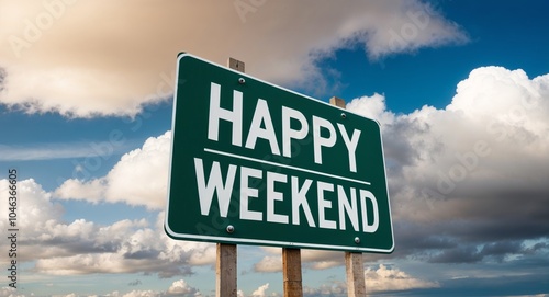 happy weekend text on road sign with clouds and sky background