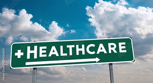 healthcare text on road sign with clouds and sky background